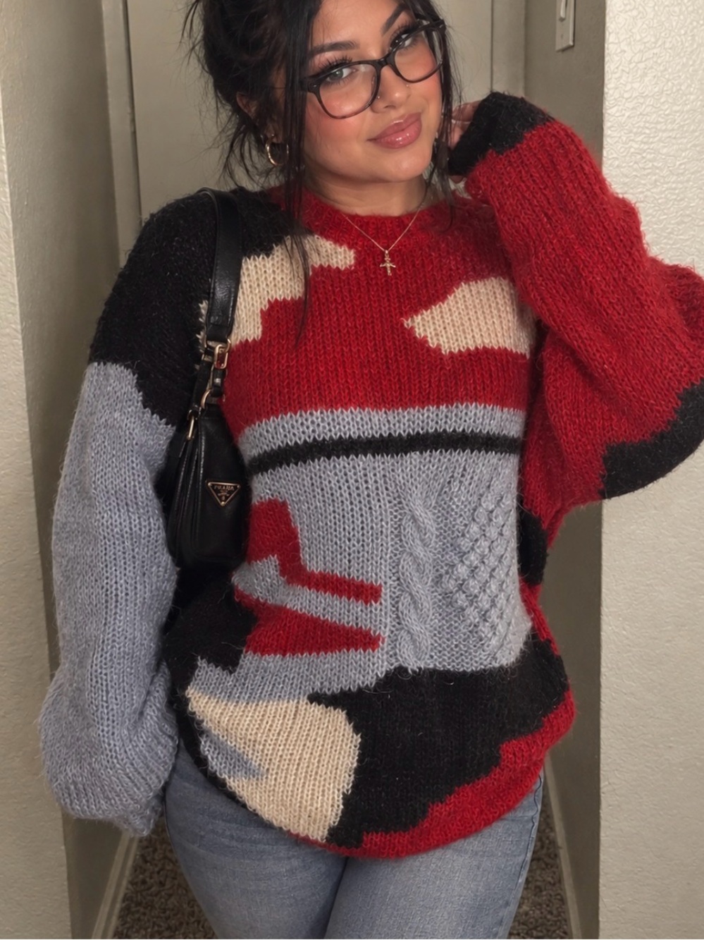 Vintage -Nordstrom- Colorblock Mohair-Blend Sweater in Red, Black, Gray,